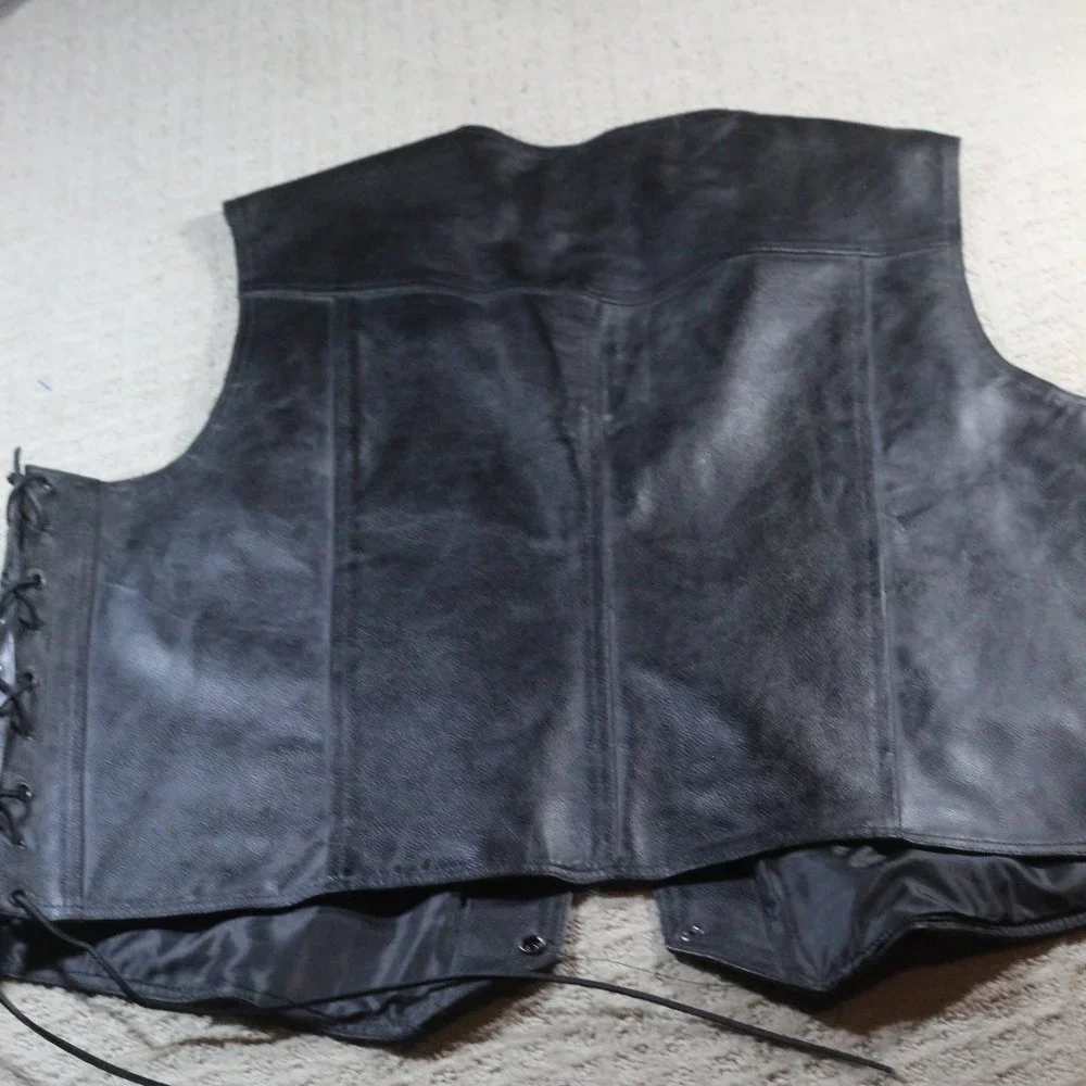 Vintage Genuine Leather Size XXL Heavy Black Moto Vest w Adjustable Sides